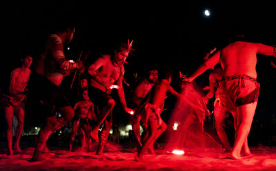 Midn Marr Noongar dance group performing on Sorrento Beach.